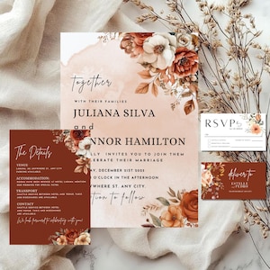 May include: A set of wedding stationery featuring a floral design in shades of orange, brown, and cream. The invitation includes the names Juliana Silva and Connor Hamilton, with RSVP and details cards.