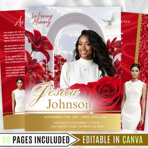 8 Pages Red Roses Funeral Program Template For In Loving Memory, Personalized Obituary Template Design, Memorial Program