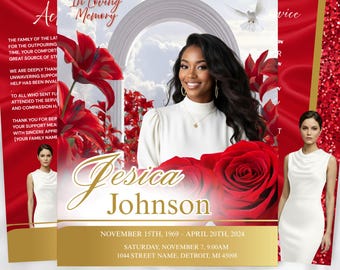 8 Pages Red Roses Funeral Program Template For In Loving Memory, Personalized Obituary Template Design, Memorial Program