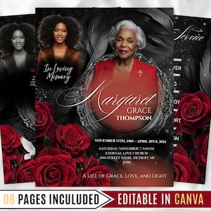 Peut inclure: Annonce de service funéraire avec un portrait d'une femme en veste rouge, entourée de roses rouges et de plumes noires. Le texte comprend le nom "Margaret Grace Thompson" et les détails du service.