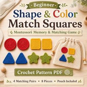 Könnte beinhalten: Ein Häkel-Memory- und Zuordnungsspiel mit vier Paaren in Rot, Gelb, Blau und Grün. Das Set enthält Kreise, Quadrate, Dreiecke und Sterne sowie einen beigen Beutel mit Kordelzug. Text: Beginner Shape & Color Match Squares, Montessori Memory & Matching Game, Crochet Pattern PDF, 4 Matching Pairs, 8 Pieces, Pouch Included.