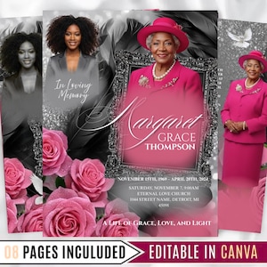 May include: A memorial template with a pink and gray color scheme. The design includes images of a woman, roses, and text that reads "In Loving Memory" and "Margaret Grace Thompson." The template is editable in Canva and includes 8 pages.