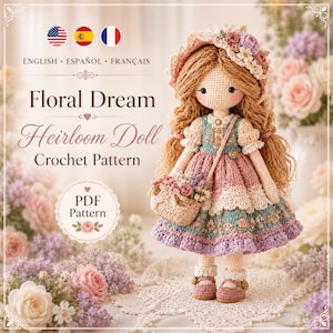 May include: A crochet doll with long wavy brown hair, wearing a floral bonnet, a blue and pink dress with ruffled trim, and matching shoes. The doll carries a small woven basket. Text reads: Floral Dream Heirloom Doll Crochet Pattern PDF Pattern.