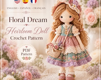 Peut inclure: Une poupée au crochet avec de longs cheveux bruns ondulés, portant un bonnet à fleurs, une robe bleue et rose à volants et des chaussures assorties. La poupée porte un petit panier tissé. Texte : Floral Dream Heirloom Doll Crochet Pattern PDF Pattern.