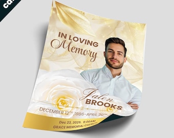 White Gold Roses Funeral Program Template: Celebration of Life