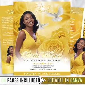 May include: A memorial service announcement with a yellow floral background and a photo of a woman in a yellow dress. The text includes the name "Olivia Wilson", dates, and service details. The design also features doves and roses.