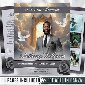 May include: A memorial card design with the text "In Loving Memory" and the name "Anthony Williams." The design includes a portrait of a man in a gray suit, doves, and a cloudy background. Additional photos and text are included.