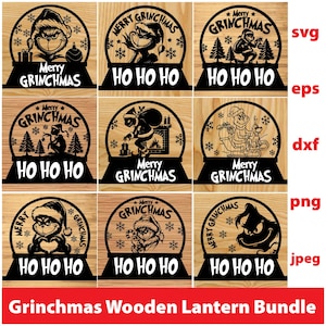 May include: A collection of wooden Grinchmas lanterns. Each lantern features a Grinch character with the words "Merry Grinchmas" and "Ho Ho Ho". The lanterns are in various designs, including the Grinch in different poses and settings.