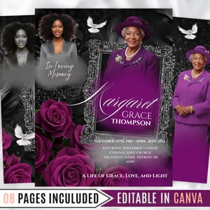 May include: A memorial announcement with a portrait of a woman in a purple suit and hat, surrounded by purple roses and doves. The text reads "Margaret Grace Thompson" and includes dates and event details. The phrase "A Life of Grace, Love, and Light" is also present.