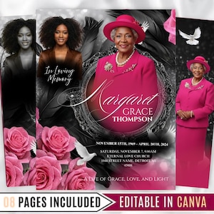 Könnte beinhalten: Eine Traueranzeige mit einem Porträt einer Frau in einem rosa Anzug und Hut, umgeben von rosa Rosen, Tauben und dekorativen Elementen. Der Text enthält den Namen "Margaret Grace Thompson" und Daten.
