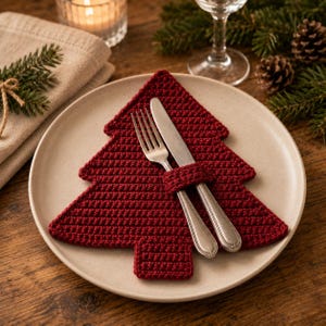 Haakpatroon voor een placemat met kerstboommotief (PDF), bestekhouder met Scandinavische dennenprint, feestelijke tafeldecoratie, onderzetterpatroon voor beginners, 3 maten