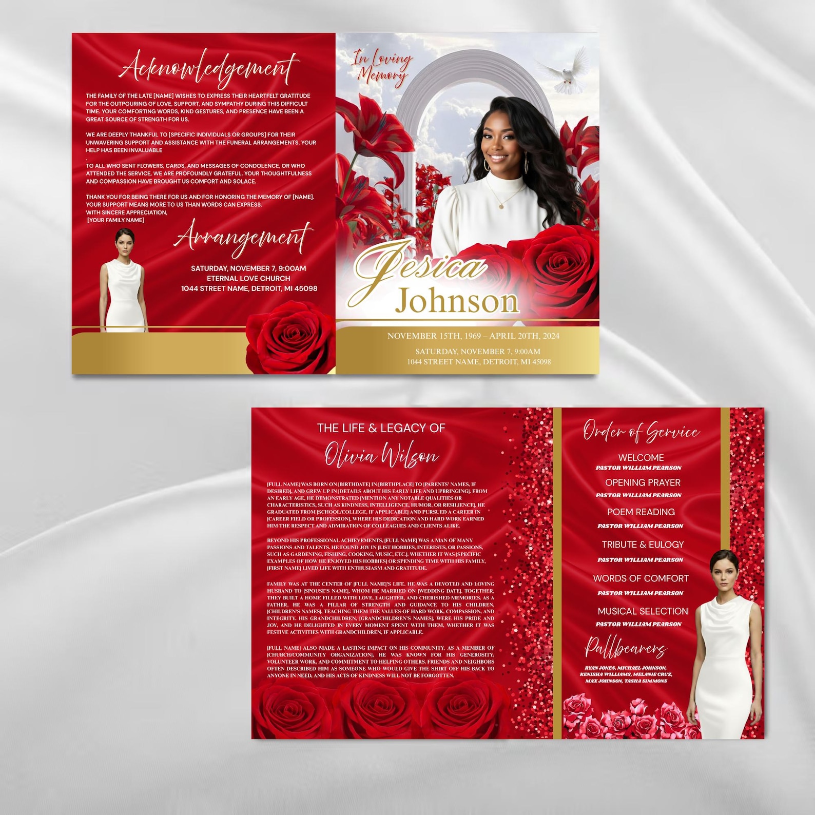 8 Pages Red Roses Funeral Program Template for in Loving Memory ...