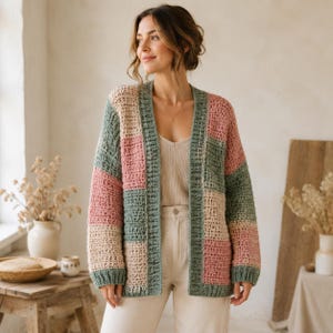 Crochet Patchwork Cardigan Pattern PDF, Women’s Oversized Crochet Sweater, Color Block Cardigan, Photo Guided Pattern XS-5XL