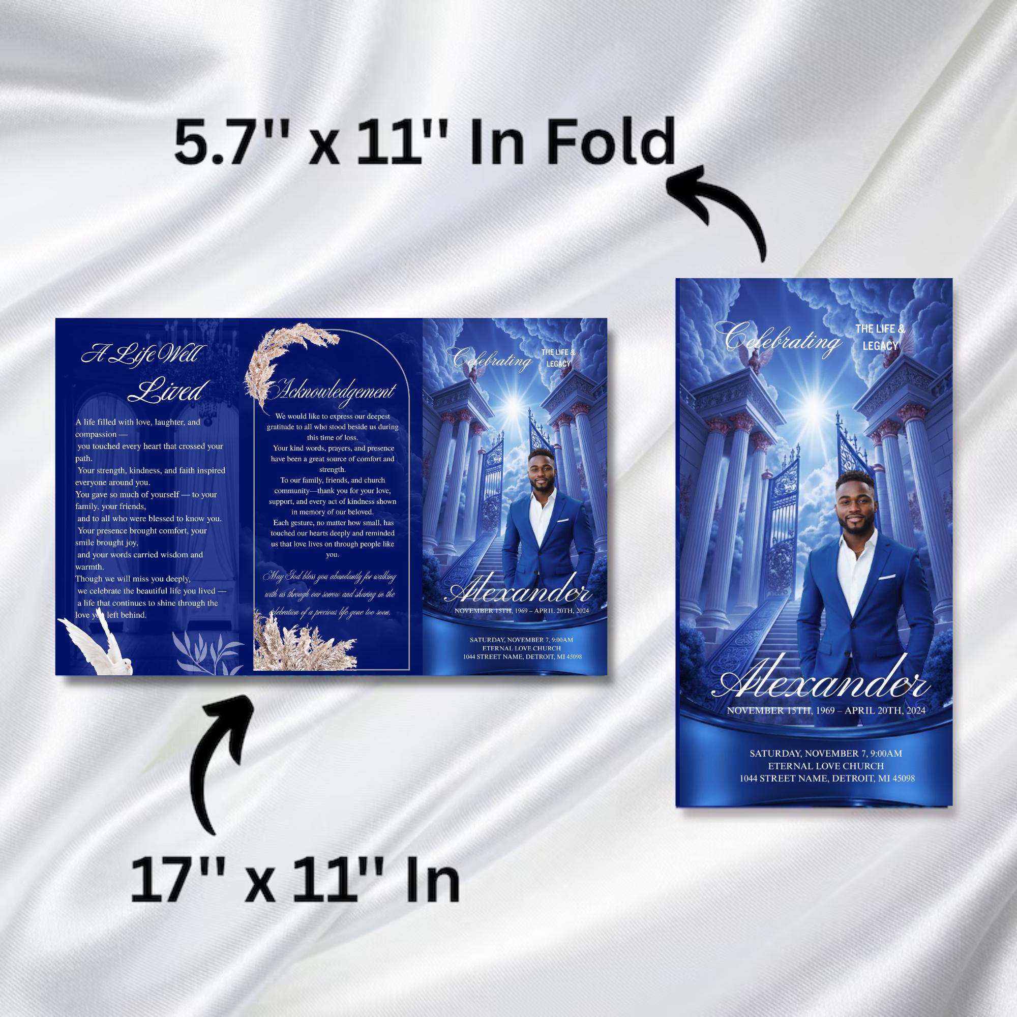 Blue Funeral Program Template Trifold for Memorial and Celebration of ...