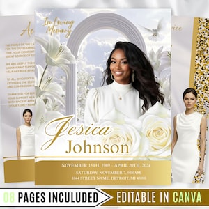 May include: A memorial announcement featuring a woman in a white dress, white roses, and the text "Jesica Johnson." The announcement includes dates, a service time, and a location. The design incorporates a dove, floral elements, and the phrase "In Loving Memory."