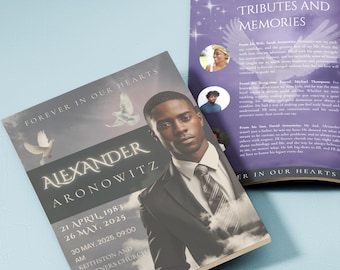 May include: A memorial card with the text "Forever in Our Hearts" and the name "Alexander Aronowitz." The card features a portrait of a man in a suit, doves, and dates. A second booklet is visible with the title "Tributes and Memories."