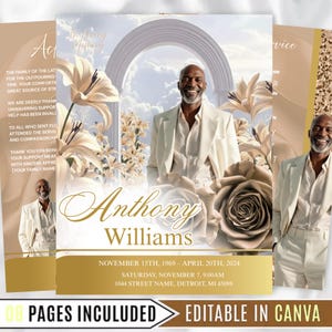 Può includere: Annuncio di servizio commemorativo con una fotografia di un uomo in abito bianco, il nome "Anthony Williams" in corsivo ed elementi floreali. Il design include i dettagli dell'evento e il testo "8 Pages Included, Editable in Canva."
