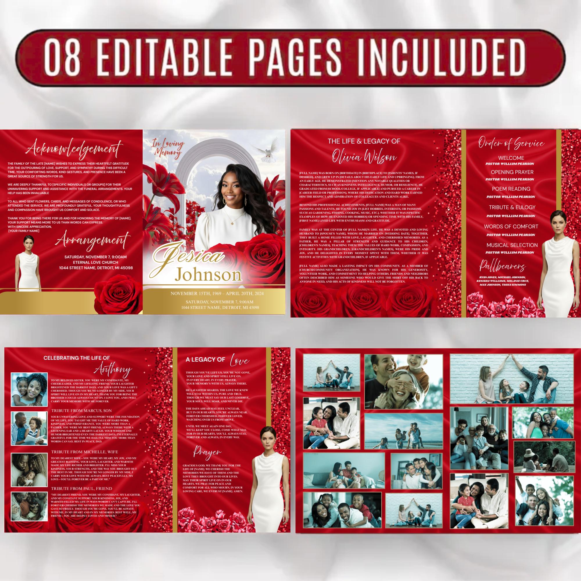8 Pages Red Roses Funeral Program Template for in Loving Memory ...