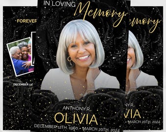 Feminine Minimalist 8 Pages Black & Gold Funeral Template, Customizable Obituary Program, Canva Editable, Digital Download, Memorial Booklet