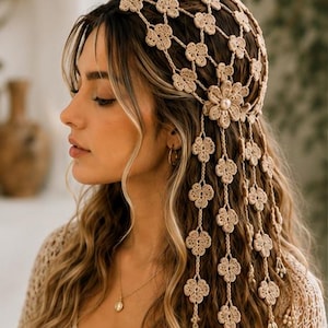 Boho Crochet Hair Veil Pattern PDF | Floral Bridal Headpiece | Crochet Wedding Hair Accessory | Pearl Beaded Flower Veil