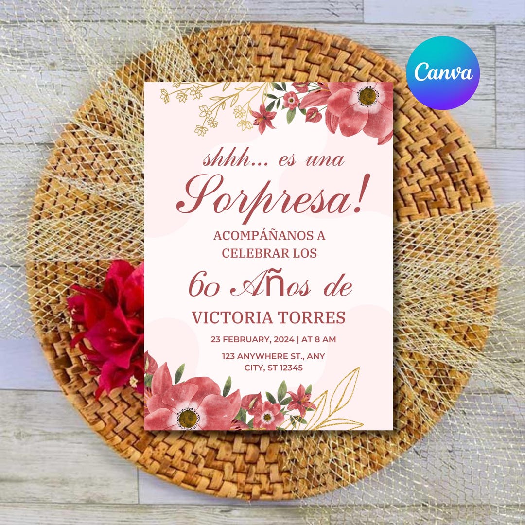 Spanish Fiesta Sorpresa 60th Birthday Invitation, Editable Canva