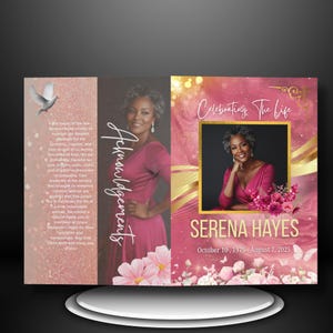 May include: A memorial card with a pink and gold design. The card features a photo of a woman, the name "SERENA HAYES", and dates "October 10, 1975 - August 7, 2025". The words "Celebrating The Life" are at the top.