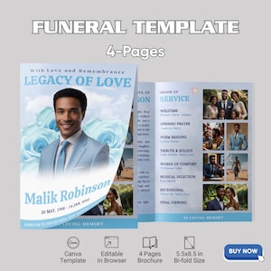 Modelo de programa funerário elegante em azul-celeste para Canva, estilo revista de 4 páginas, obituário masculino, celebração da vida, 5,5x8,5, download instantâneo