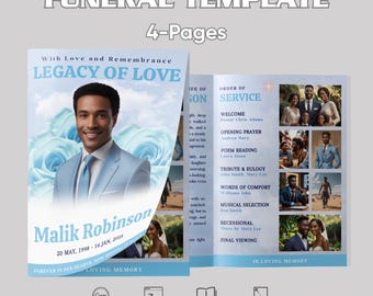 Sky Blue Funeral Program Template: Editable Obituary, Canva (Digital Download)