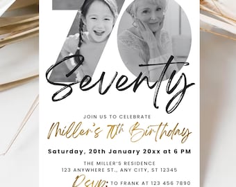 Personalizable Photo 70th Birthday Invitation Template (Canva, Instant Download)