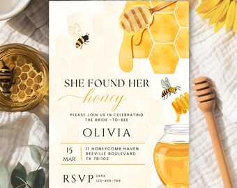 Faire-part de douche nuptiale abeille modifiable, shower de mariage de fleurs sauvages de la mariée abeille, modèle imprimable, invitation au brunch nuptiale abeille