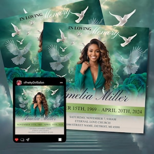 May include: Memorial cards with a teal and white design. The cards feature the text "In Loving Memory" and the name "Amelia Miller." The cards also include dates and event details, with images of doves and roses.