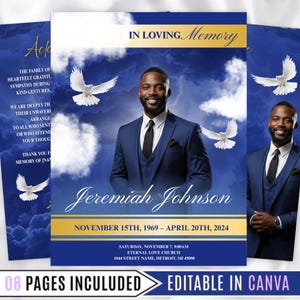 May include: A memorial card with a blue and white cloudy background, featuring a portrait of a man in a blue suit. The text reads "In Loving Memory" and "Jeremiah Johnson." Includes dates and service details.