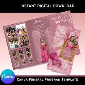 May include: A pink funeral program template with a photo collage, poem, and order of services. The design includes a photo of a woman in a pink dress, roses, and the text "Margaret Grace Thompson". The Canva logo is visible.