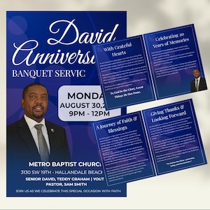 Op de afbeelding: Een marineblauwe uitnodiging voor een David Anniversary Banquet Service, met een portret van een man in pak en stropdas. De uitnodiging bevat evenementdetails en tekst over geloof en gemeenschap.