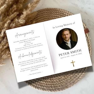May include: A memorial card with the text "In Loving Memory of PETER SMITH" and a photo of a man. The card also includes the dates April 14, 1956 - August 30, 20XX, a gold cross, and details about the service.