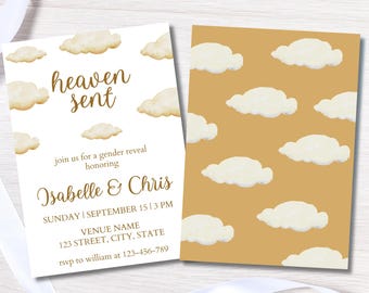 Heaven Sent Gender Reveal Invitation: He or She Clouds Design (Digital Template 5x7