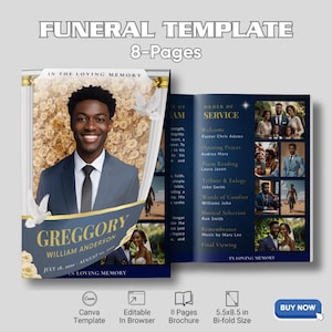May include: Funeral template brochure featuring a smiling man in a suit. The brochure includes the text "Funeral Template" and "8-Pages". The brochure is a Canva template, editable in a browser, and is 14 x 21.6 cm in bi-fold size.