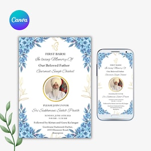 May include: A memorial invitation with a floral design and text. The invitation is for the First Barsi in loving memory of Gurmeet Singh Chahal. The invitation includes a photo and event details.