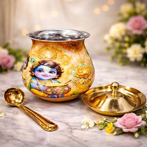 Peut inclure: Un pot en métal rond orné d'une illustration colorée d'un enfant à la peau bleue tenant un bol, entouré de motifs floraux dorés. Le pot comprend un couvercle assorti de couleur dorée avec un bouton et une cuillère en métal doré séparée.