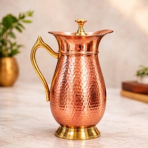 Wasserkrug aus reinem Kupfer, 3000 ml | Handgefertigter Kupferkrug für Trinkwasser | Große Kupferkaraffe | Ayurvedisches Wassergefäß | Küchendekoration