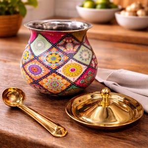 May include: A round metal container featuring a vibrant, multi-colored diamond pattern with intricate floral mandala designs in shades of pink, yellow, purple, and green. It includes a polished gold-tone lid and a matching gold-tone serving spoon.