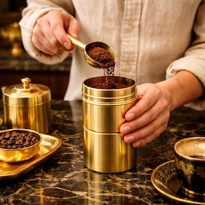 May include: A cylindrical brass canister being filled with ground coffee using a matching brass scoop. The set includes a lidded brass jar, a small brass bowl containing whole coffee beans on a tray, and a dark cup on a matching saucer.
