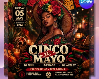 Cinco De Mayo Flyer Canva Template | Mexican Fiesta Party Invitation | DIY Editable (Digital Download)