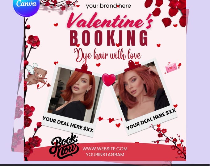 Valentine’s Booking Flyer Template - Editable Canva Template | Hair Salon Post | Digital Download