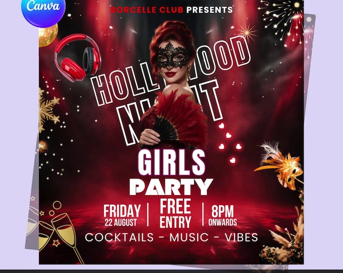 Hollywood Girls Night Party Flyer | Editable Club Event Template (Canva, Digital Download)