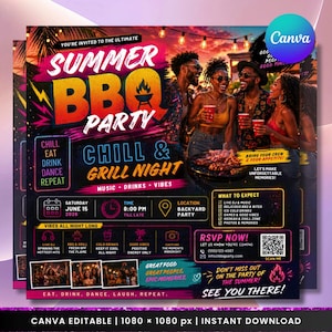 May include: A vibrant flyer for a Summer BBQ Party, featuring a colorful design with the text "Summer BBQ Party" and "Chill & Grill Night." Includes images of people, food, and event details like date, time, and location. The flyer also has a QR code for RSVP.