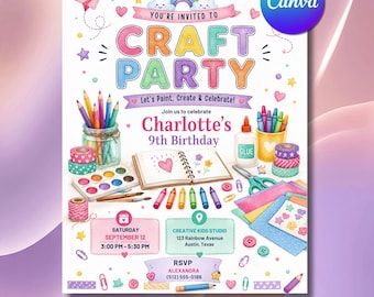 Craft Birthday Invitation, Arts Party Flyer, Editable Canva Template (Digital Download)