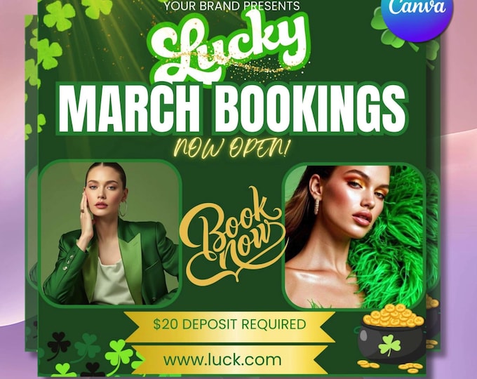 Lucky March Booking Flyer Canva Template | St Patricks Day Social Media Post | Green and Gold Hair Lash Beauty (Digital Download)