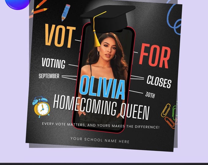 Homecoming Queen Flyer – Editable Canva Template – School Election Campaign – Digital Download