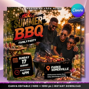 May include: A promotional graphic for a summer BBQ family party. The image features a family smiling around a grill with food. Text includes "Summer BBQ Family Party," date, time, and location details. The Canva logo is visible.